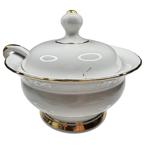 Porcelain Lidded Sugar Bowl White with Gold Trim & Matching Ladle Vintage - Picture 5 of 16